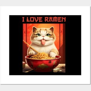 Quirky Kitty Cat Eating Ramen - I Love Ramen Posters and Art